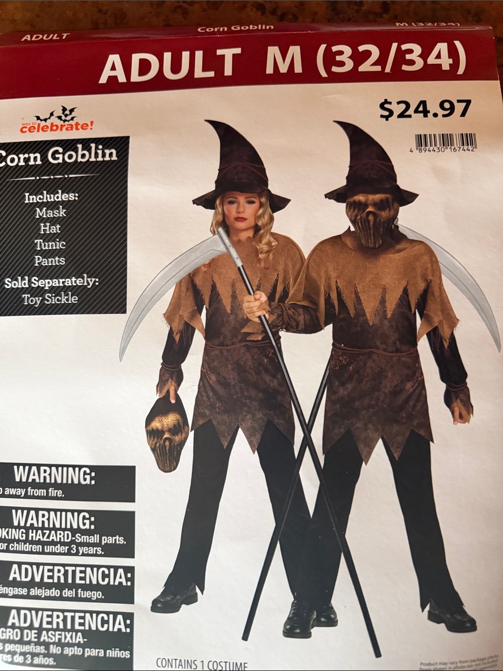 Way to Celebrate! Unisex Corn Goblin Adult M (32-34) 4 pc Costume in Brown NIB